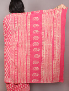 Pink White Hand Block Printed Cotton Saree in Natural Colors - S03170827