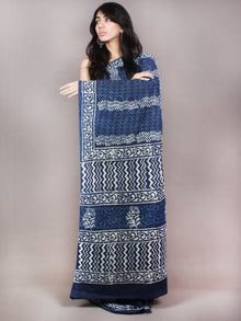 Indigo White Hand Block Printed Cotton Saree in Natural Colors - S03170828