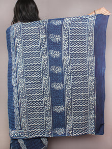 Indigo White Hand Block Printed Cotton Saree in Natural Colors - S03170828