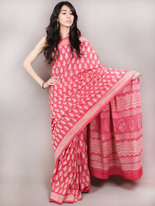 Pink White Hand Block Printed Cotton Saree in Natural Colors - S03170829