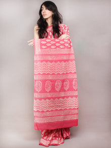 Pink White Hand Block Printed Cotton Saree in Natural Colors - S03170829