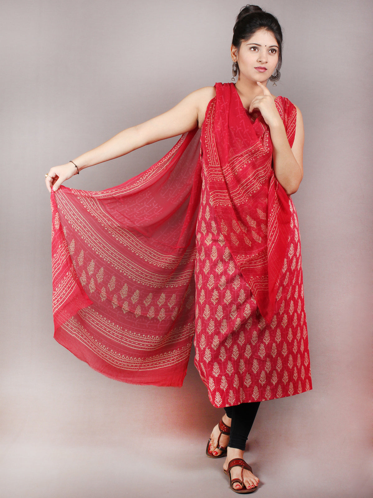Rose Pink Beige Hand Block Printed Cotton Suit-Salwar Fabric With Chiffon Dupatta - S1628083
