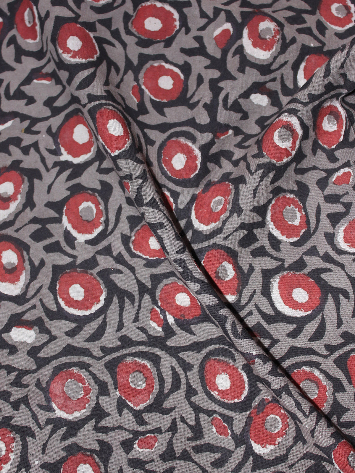 Black Grey Red Hand Block Printed Cotton Cambric Fabric Per Meter - F0916434