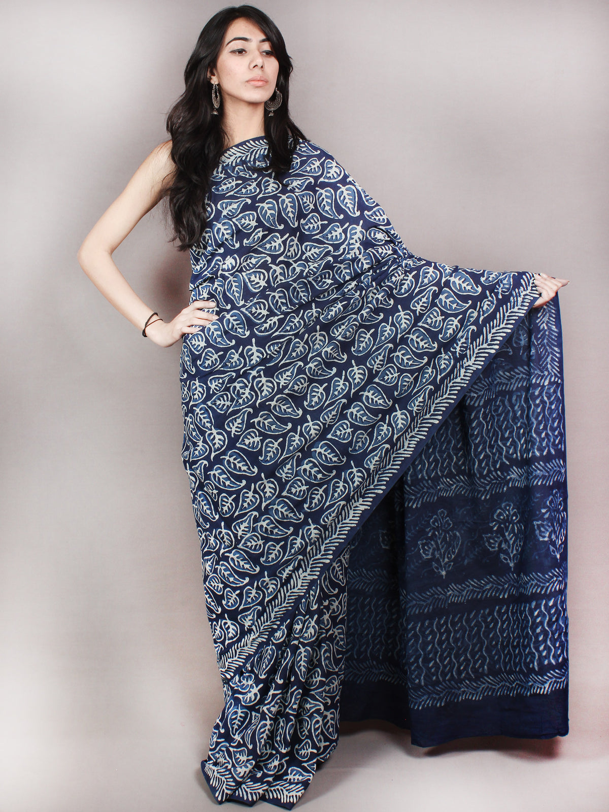 Indigo White Hand Block Printed Cotton Saree in Natural Colors - S03170830