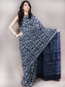 Indigo White Hand Block Printed Cotton Saree in Natural Colors - S03170830