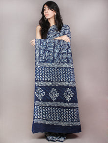 Indigo White Hand Block Printed Cotton Saree in Natural Colors - S03170830