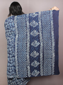 Indigo White Hand Block Printed Cotton Saree in Natural Colors - S03170830