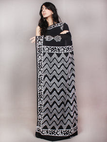 Black White Hand Block Printed Cotton Saree in Natural Colors - S03170835