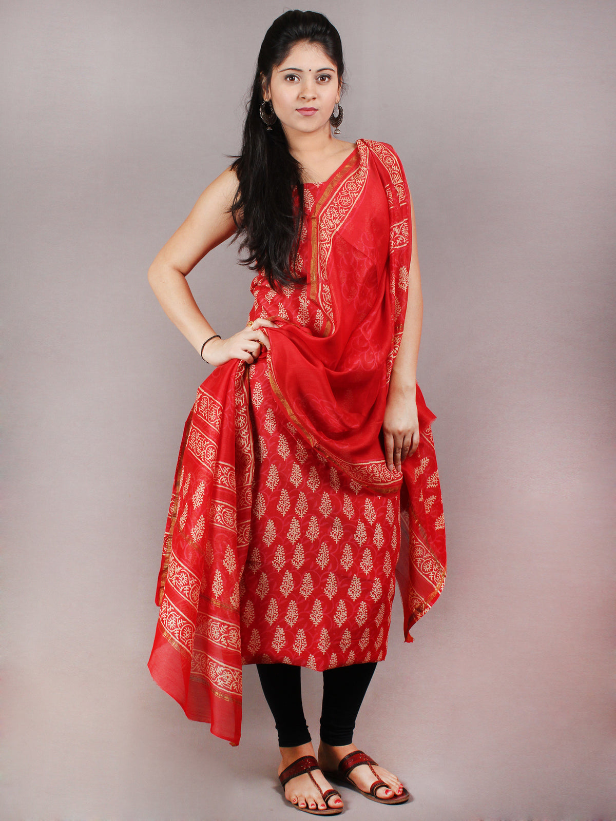Deep Red Beige Hand Block Printed Chanderi Kurta-Salwar Fabric With Chanderi Dupatta - S1628084