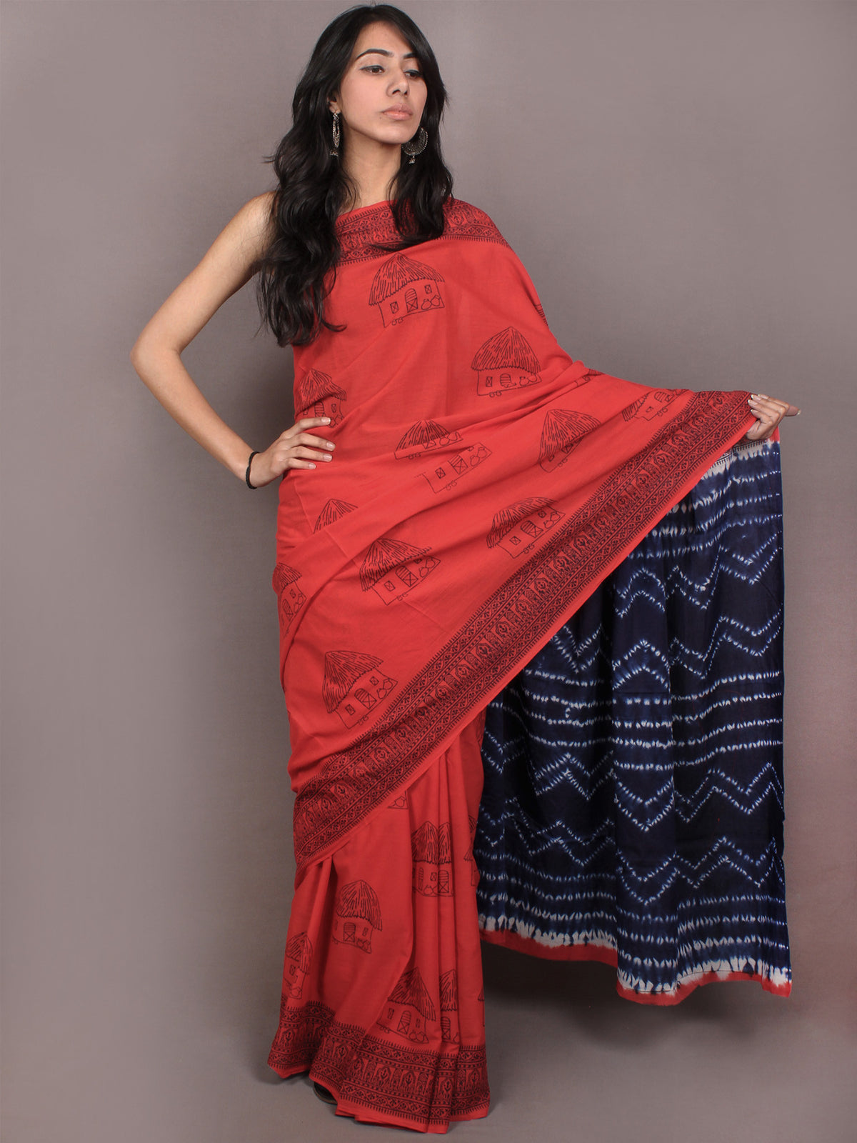 Red Indigo White Hand Block Printed Cotton Saree in Natural Colors - S03170841