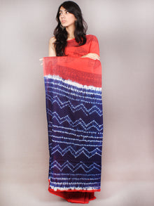 Red Indigo White Hand Block Printed Cotton Saree in Natural Colors - S03170841