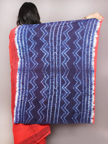 Red Indigo White Hand Block Printed Cotton Saree in Natural Colors - S03170841
