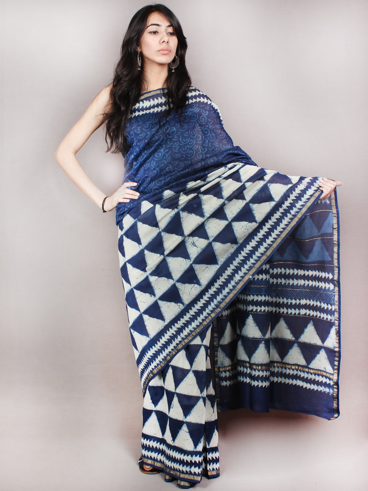 Indigo White Hand Block Printed in Natural Colors Chanderi Saree - S03170842