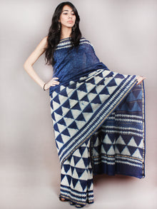 Indigo White Hand Block Printed in Natural Colors Chanderi Saree - S03170842