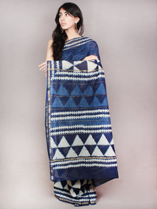 Indigo White Hand Block Printed in Natural Colors Chanderi Saree - S03170842