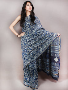Indigo White Hand Block Printed in Natural Colors Chanderi Saree - S03170844