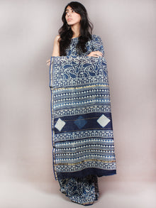 Indigo White Hand Block Printed in Natural Colors Chanderi Saree - S03170844