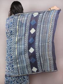Indigo White Hand Block Printed in Natural Colors Chanderi Saree - S03170844