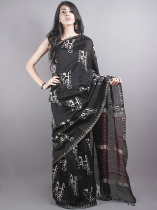 Black White Chanderi  Hand Block Printed Saree With Geecha Border - S0317085