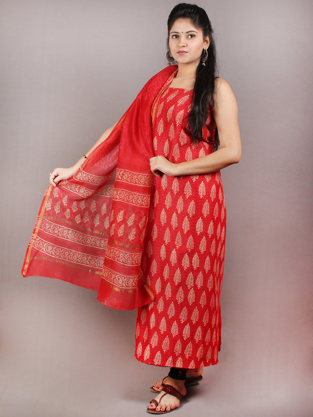 Deep Red Beige Hand Block Printed Chanderi Kurta-Salwar Fabric With Chanderi Dupatta - S1628085