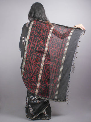 Black White Chanderi  Hand Block Printed Saree With Geecha Border - S0317085
