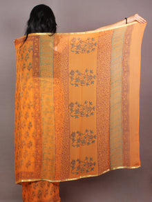 Pastel Orange Hand Block Printed in Natural Colors Chiffon Saree - S03170850