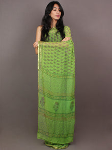 Mint Green Hand Block Printed in Natural Colors Chiffon Saree - S03170851
