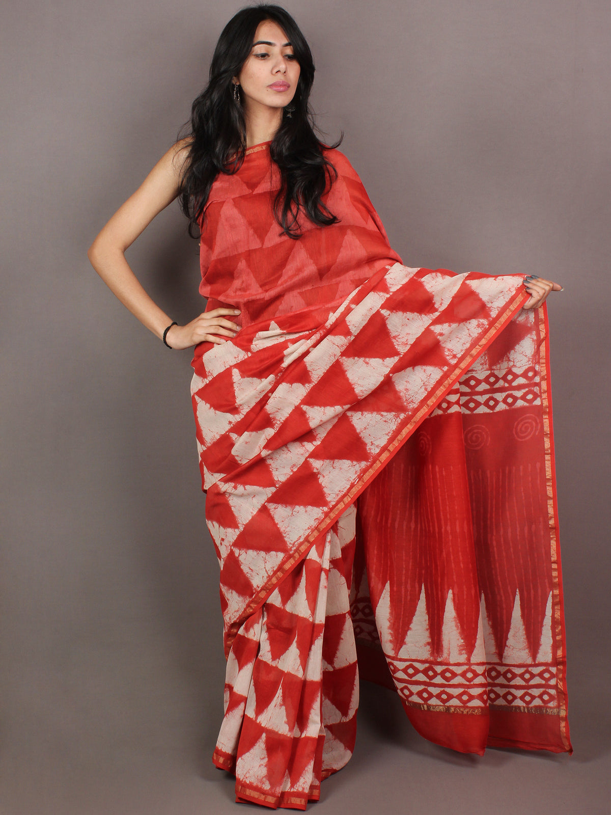 Red White Hand Block Printed in Natural Colors Chanderi Saree - S03170852