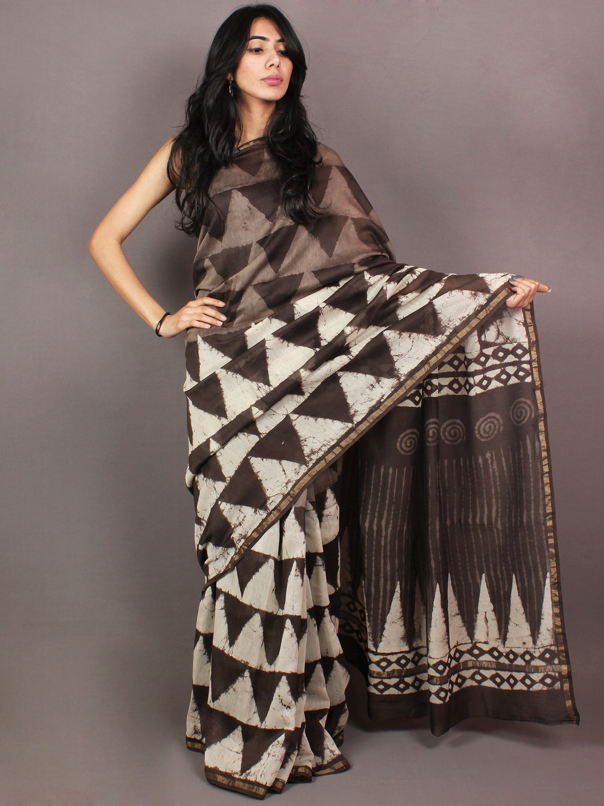 Brown Ivory White Hand Block Printed in Natural Colors Chanderi Saree - S03170856