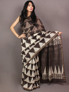 Brown Ivory White Hand Block Printed in Natural Colors Chanderi Saree - S03170856