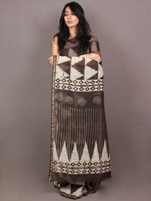Brown Ivory White Hand Block Printed in Natural Colors Chanderi Saree - S03170856