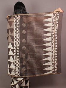 Brown Ivory White Hand Block Printed in Natural Colors Chanderi Saree - S03170856