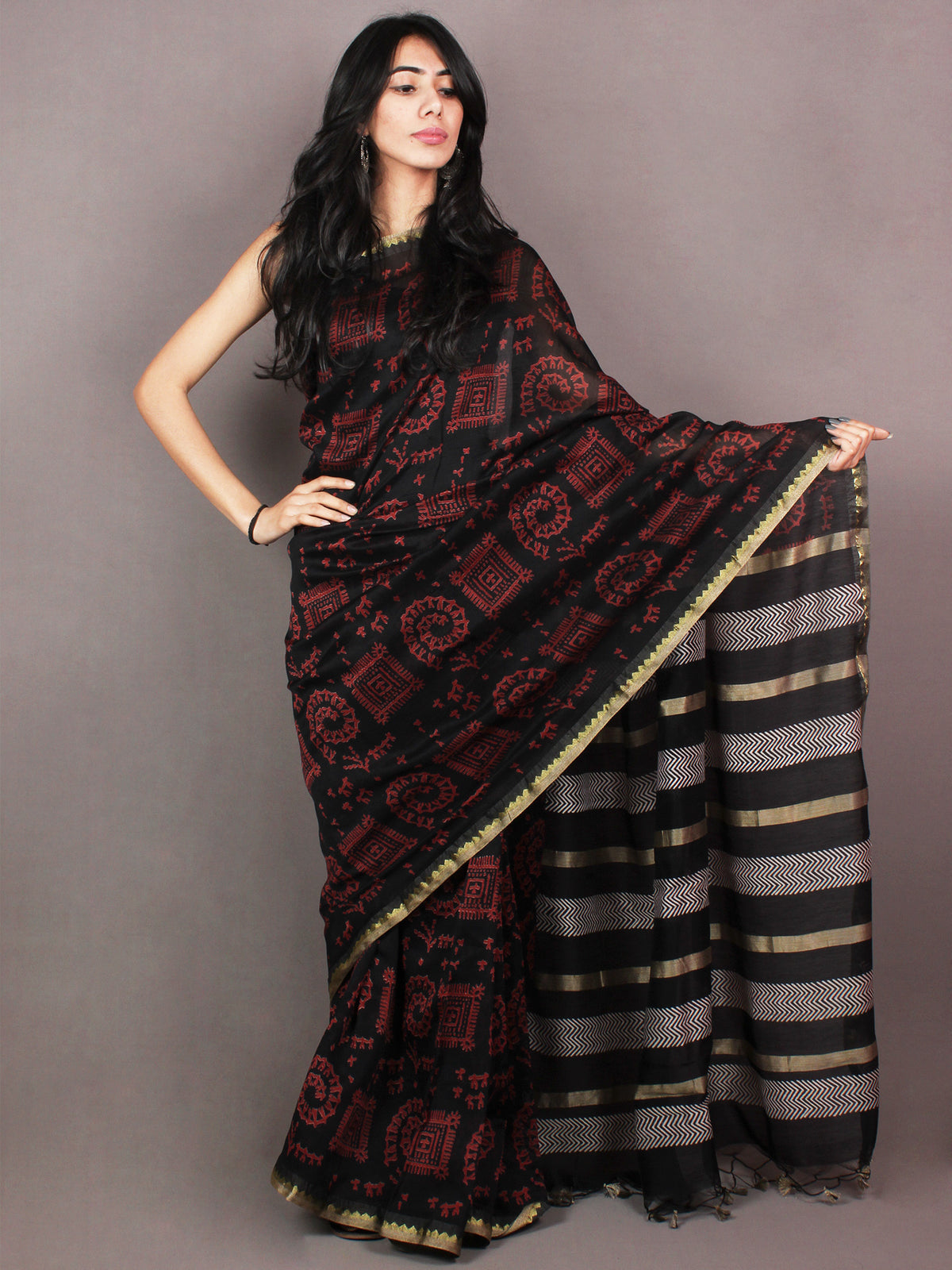 Black Red Hand Block Printed in Natural Colors Chanderi Saree With Geecha Border - S03170857