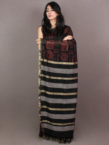 Black Red Hand Block Printed in Natural Colors Chanderi Saree With Geecha Border - S03170857
