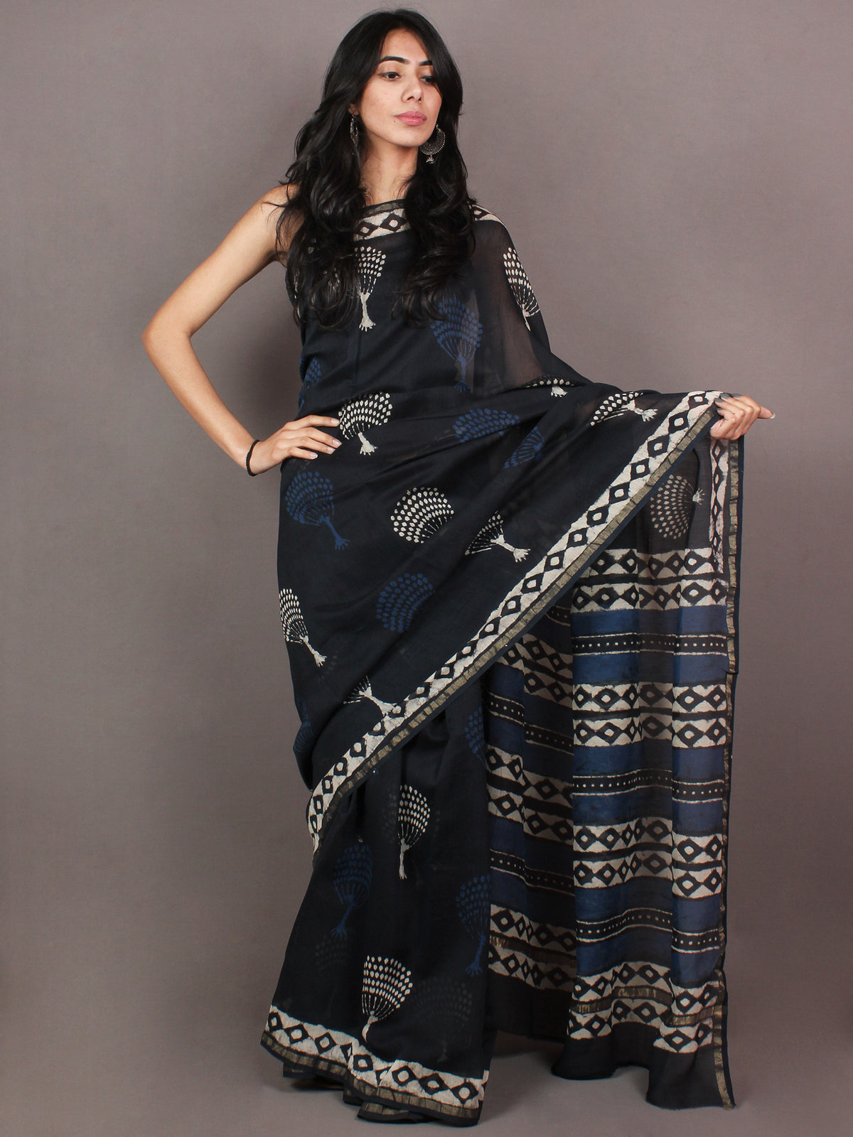Black Indigo White Hand Block Printed in Natural Colors Chanderi Saree - S03170859