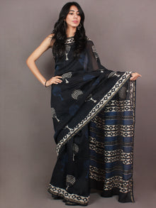 Black Indigo White Hand Block Printed in Natural Colors Chanderi Saree - S03170859