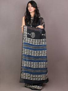 Black Indigo White Hand Block Printed in Natural Colors Chanderi Saree - S03170859