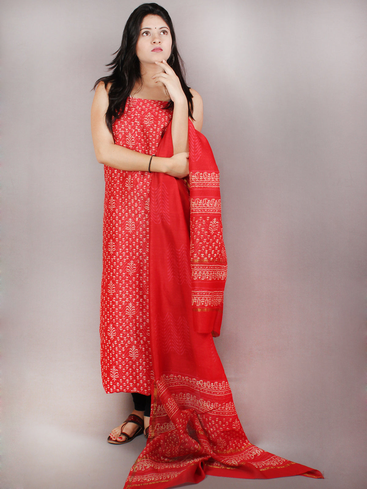 Deep Red Beige Brown Hand Block Printed Chanderi Kurta-Salwar Fabric With Chanderi Dupatta - S1628086