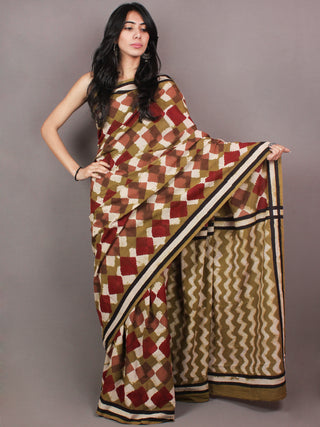 Asparagus Green White Maroon Pink Bagru Dabu Hand Block Printed in Cotton Mul Saree - S03170860