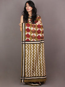 Asparagus Green White Maroon Pink Bagru Dabu Hand Block Printed in Cotton Mul Saree - S03170860