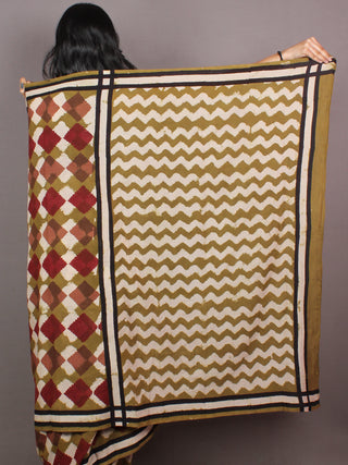 Asparagus Green White Maroon Pink Bagru Dabu Hand Block Printed in Cotton Mul Saree - S03170860