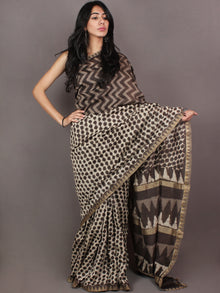 Ivory Brown White Hand Block Printed in Natural Vegetable Colors Chanderi Saree With Geecha Border - S03170864