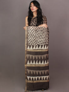 Ivory Brown White Hand Block Printed in Natural Vegetable Colors Chanderi Saree With Geecha Border - S03170864