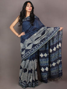 Indigo White Hand Block Printed in Natural Vegetable Colors Chanderi Saree With Geecha Border - S03170865