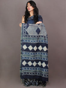 Indigo White Hand Block Printed in Natural Vegetable Colors Chanderi Saree With Geecha Border - S03170865