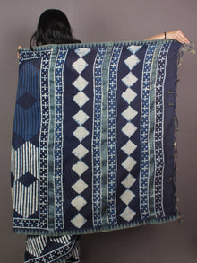 Indigo White Hand Block Printed in Natural Vegetable Colors Chanderi Saree With Geecha Border - S03170865
