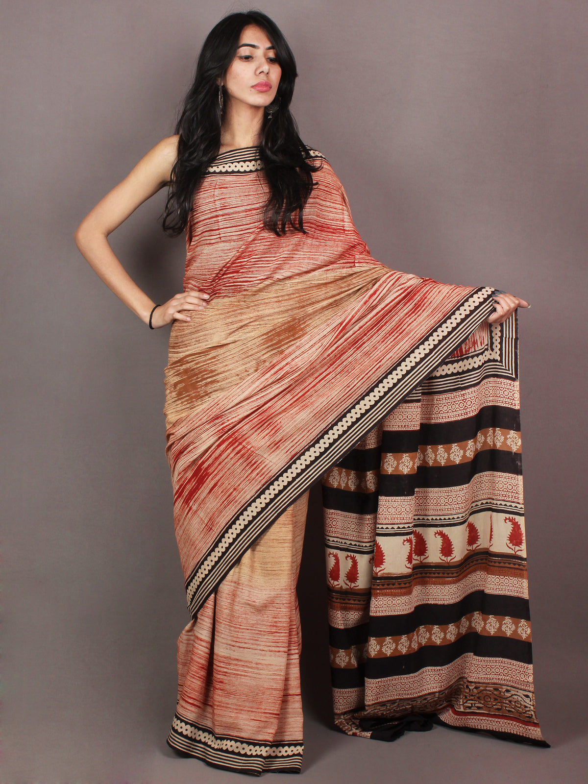 Red Brown Ivory Black Bagru Dabu Hand Painted & Printed in Cotton Mul Saree - S03170867