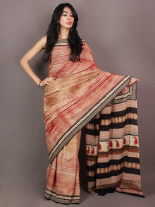 Red Brown Ivory Black Bagru Dabu Hand Painted & Printed in Cotton Mul Saree - S03170867