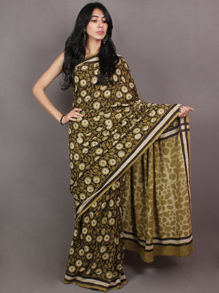 Asparagus Green White Black Bagru Dabu Hand Block Printed in Cotton Mul Saree - S03170868