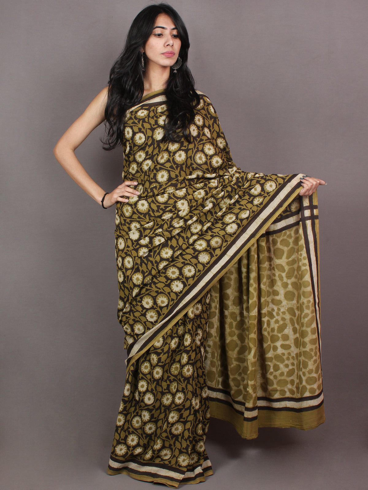 Asparagus Green White Black Bagru Dabu Hand Block Printed in Cotton Mul Saree - S03170868